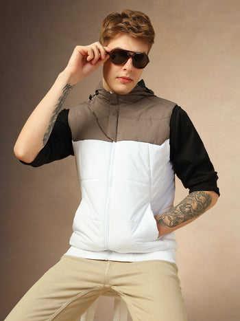 Men's White Colorblocked Hooded Sleeveless Jackets