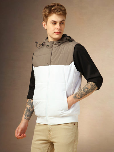 Men's White Colorblocked Hooded Sleeveless Jackets