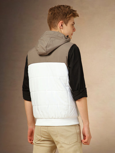 Men's White Colorblocked Hooded Sleeveless Jackets