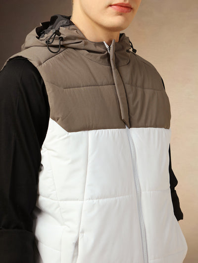 Men's White Colorblocked Hooded Sleeveless Jackets