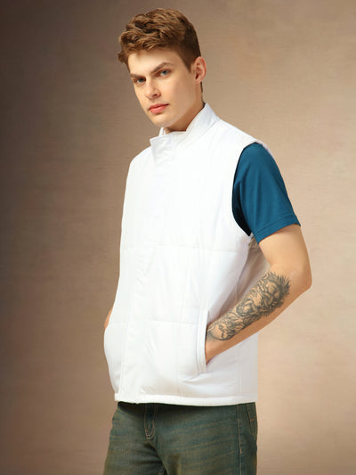 Men's White Solid Mock Collar Sleeveless Jackets