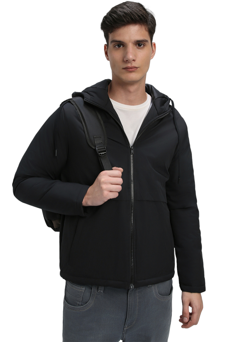 Dennis Lingo Men's Hooded Regular Fit Solid Panelled Black Jackets