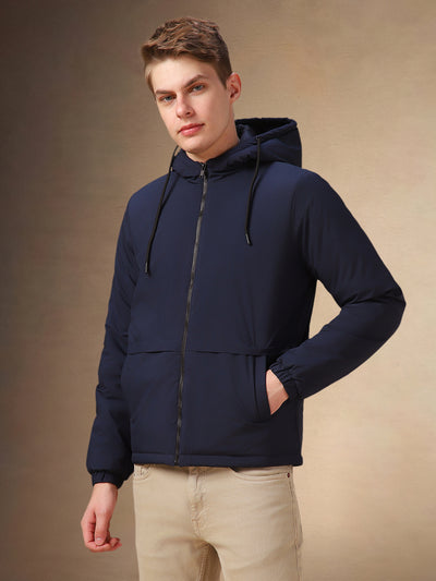 Men's Navy Blue Solid Hooded Full Sleeves Jacket