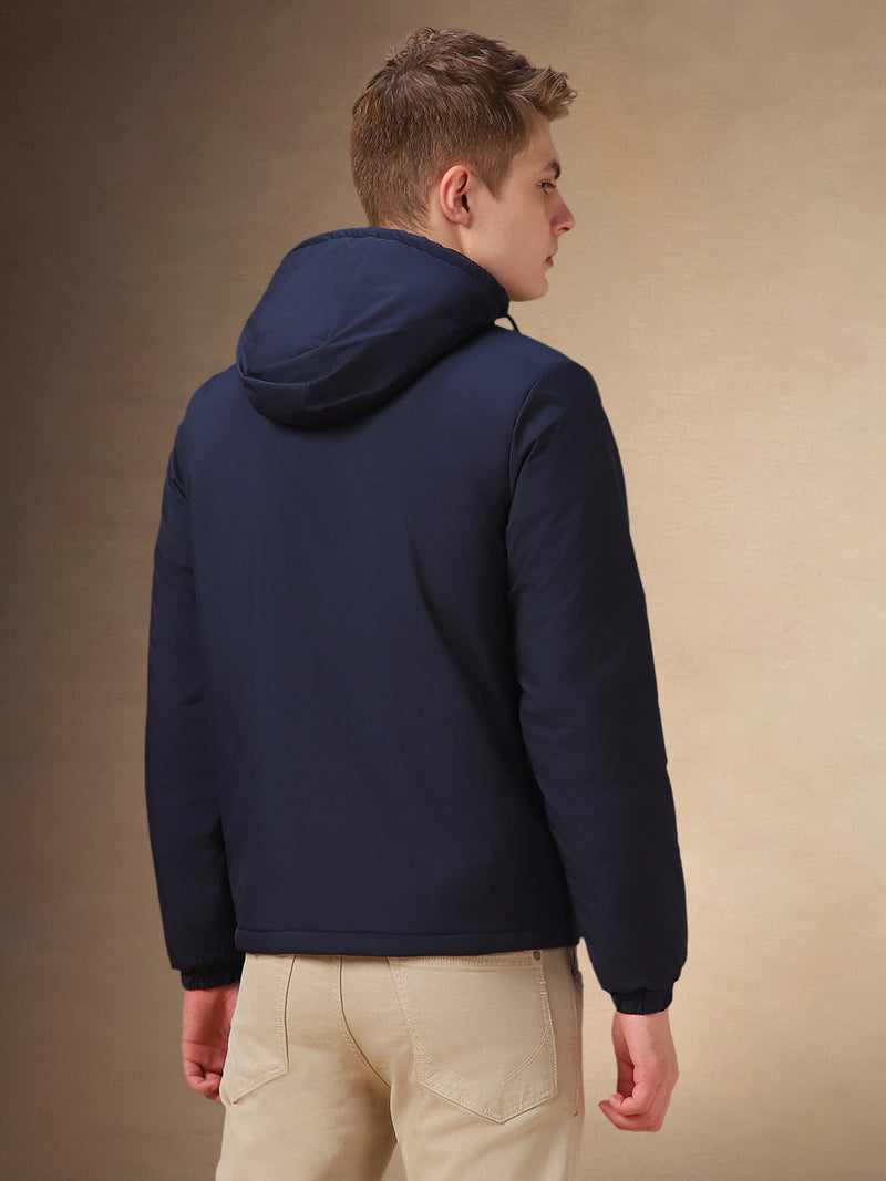 Men's Navy Blue Solid Hooded Full Sleeves Jacket