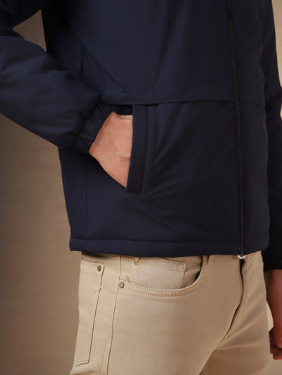 Men's Navy Blue Solid Hooded Full Sleeves Jacket