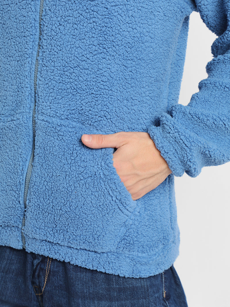 Men's High Neck Regular Fit Solid Fleece Blue Jackets