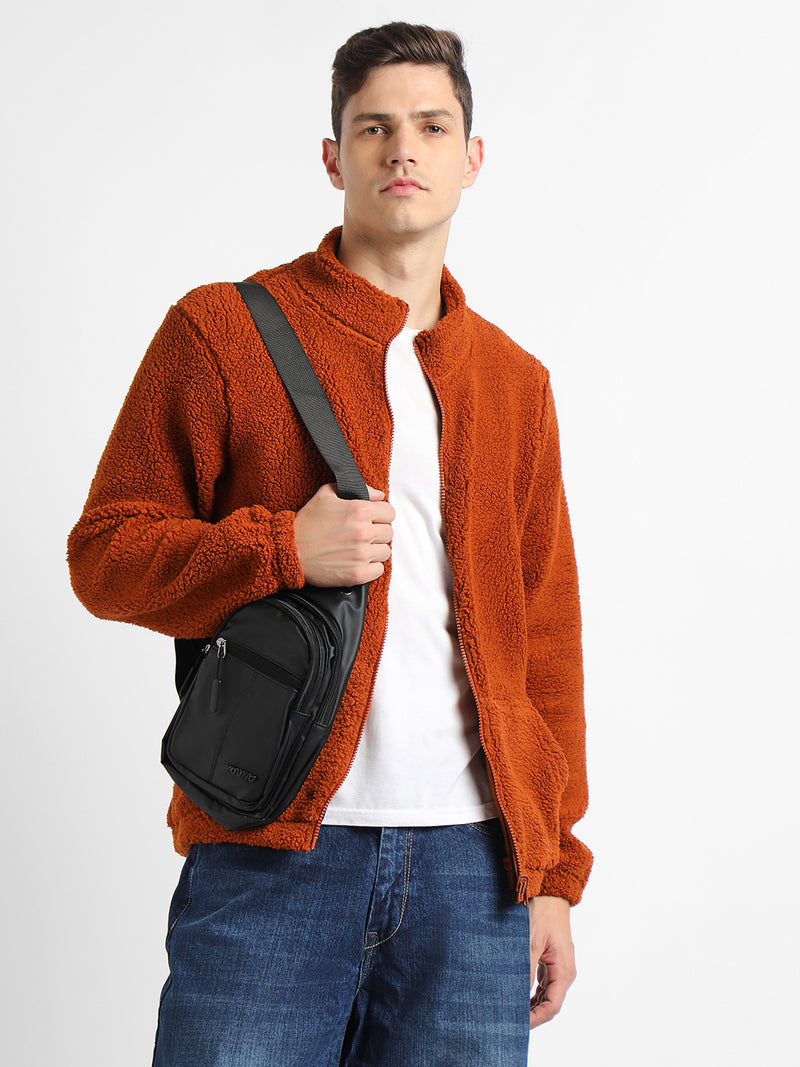 Men's High Neck Regular Fit Solid Fleece Brown Jackets