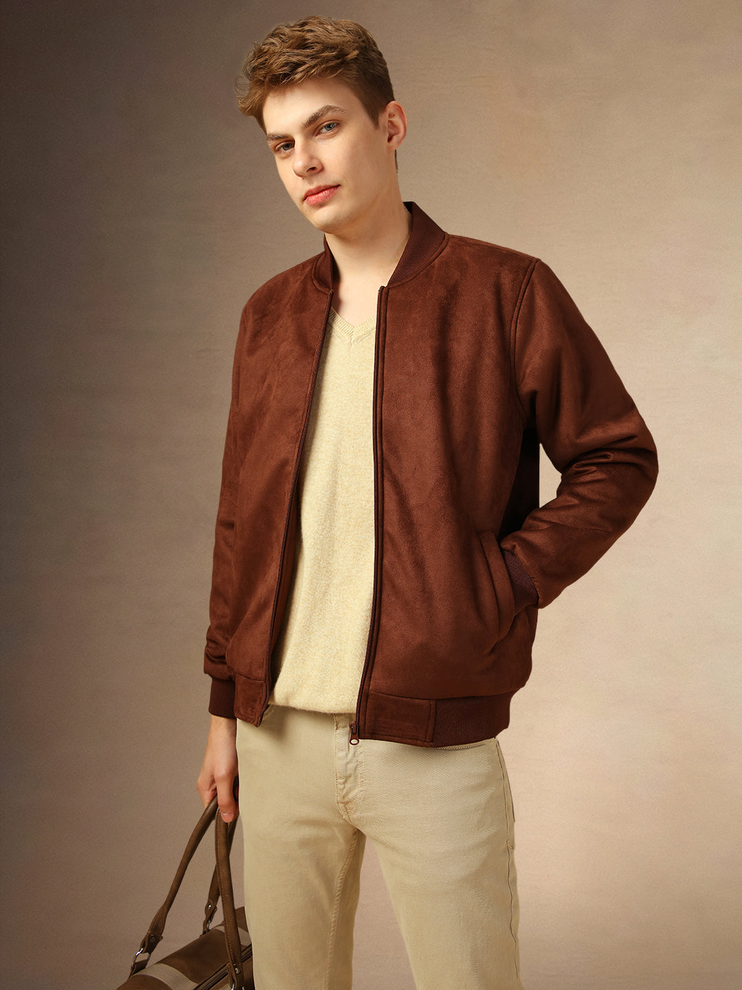 Men's Brown Solid Rib Collar Full Sleeves Suede Bomber Jacket