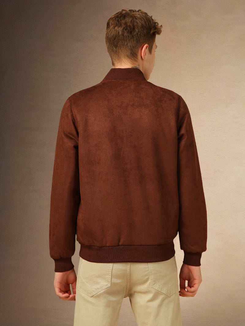 Men's Brown Solid Rib Collar Full Sleeves Suede Bomber Jacket