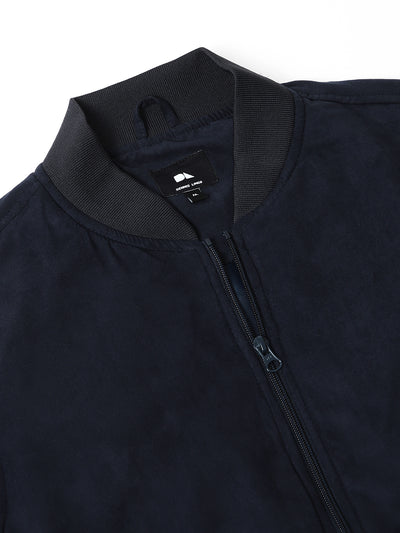 Men's Rib Collar Regular Fit Solid Navy Suede Bomber Jacket