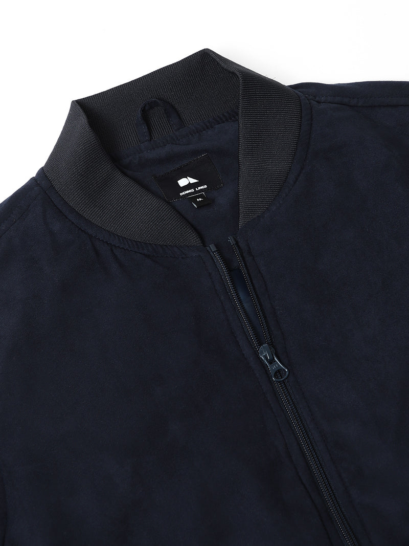 Men's Rib Collar Regular Fit Solid Navy Suede Bomber Jacket