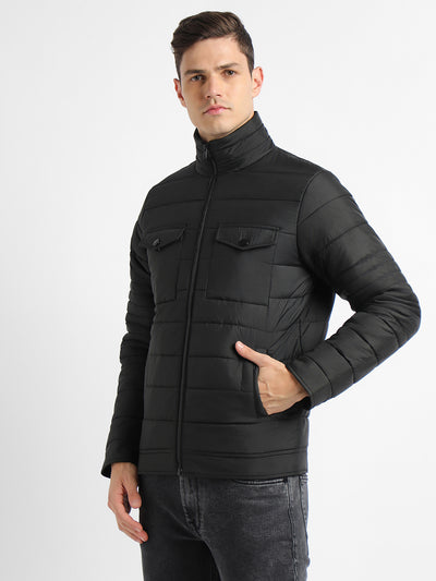 Men's High Neck Regular Fit Solid With Patch Pocket Black Jackets