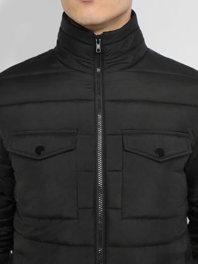 Men's High Neck Regular Fit Solid With Patch Pocket Black Jackets