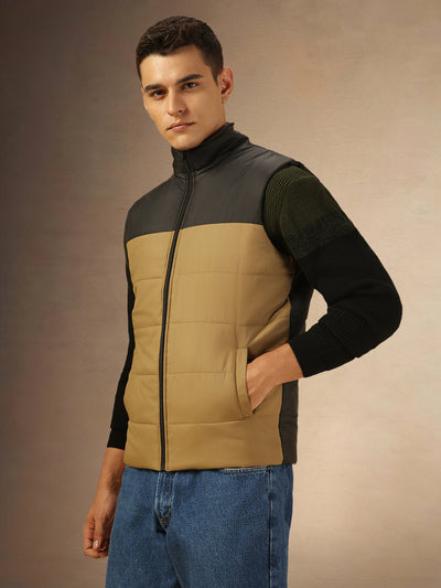 Men's Khaki Mock Neck Regular Fit Colorblocked Gilet Jacket