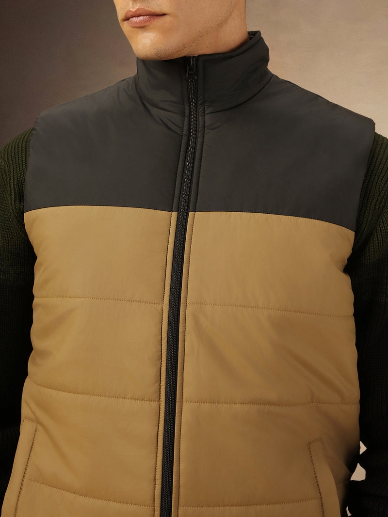 Men's Khaki Mock Neck Regular Fit Colorblocked Gilet Jacket