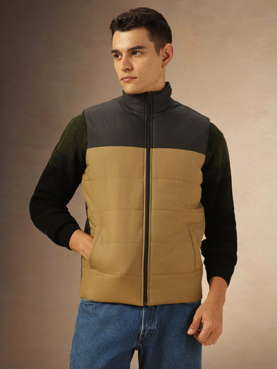 Men's Khaki Mock Neck Regular Fit Colorblocked Gilet Jacket