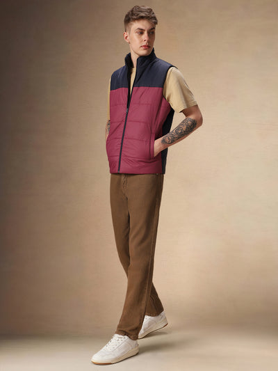 Men's Navy & Maroon Mock Neck Regular Fit Colorblocked Gilet Jacket