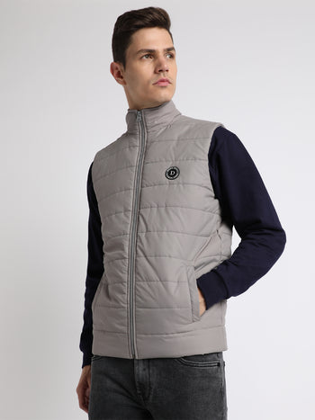 Men's High Neck Regular Fit Solid Quilted Light Grey Jackets