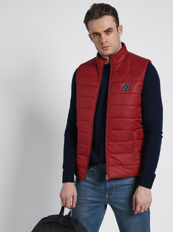 Men's High Neck Regular Fit Solid Quilted Barley Red Jackets