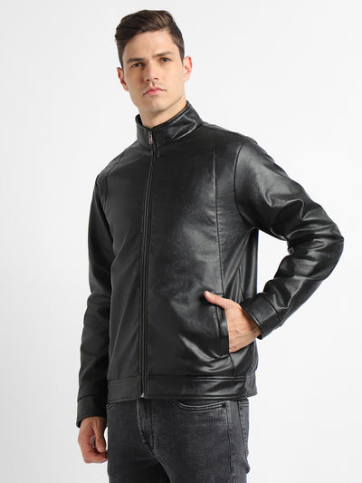 Men's Mock Neck Regular Fit Solid Black Jackets