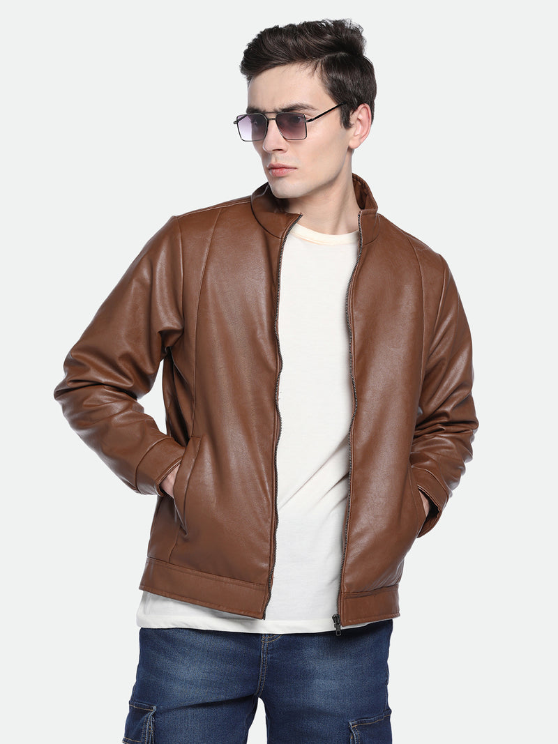 Men's Mock Neck Regular Fit Solid Tan Jackets