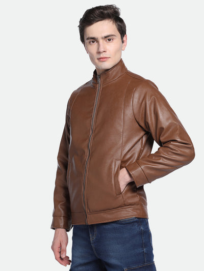 Men's Mock Neck Regular Fit Solid Tan Jackets