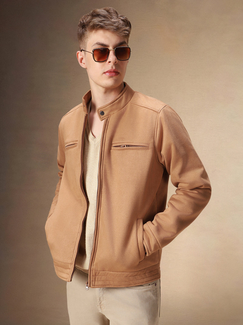 Men's Solid Brown Full Sleeves Mock Neck Jacket