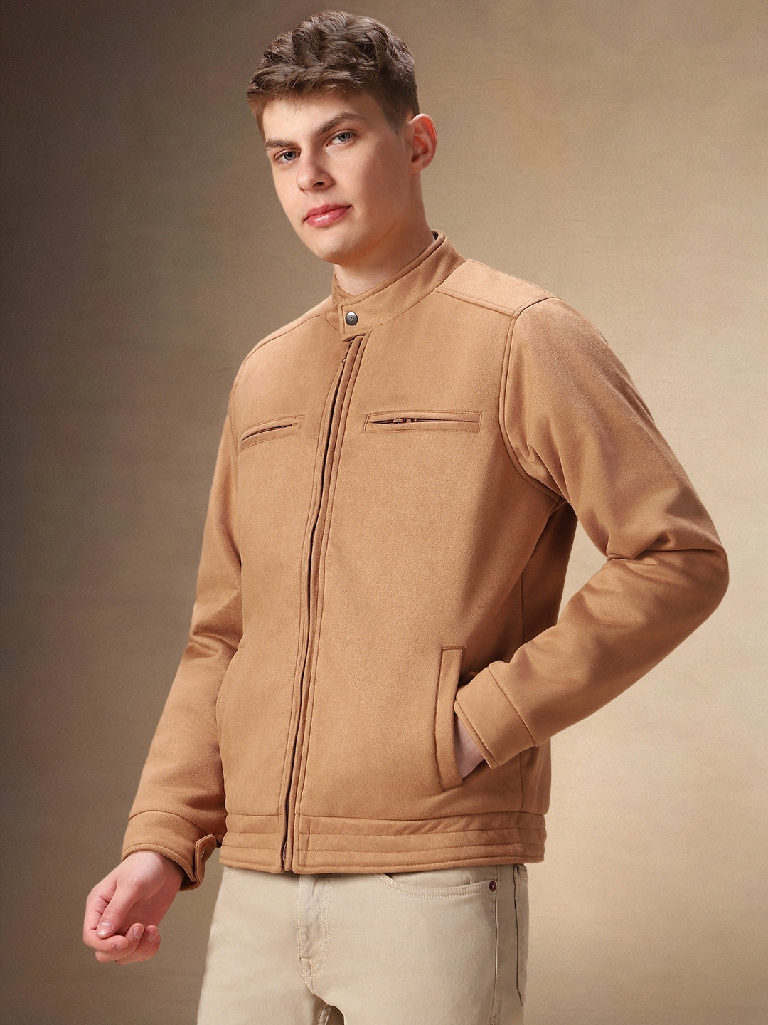 Men's Solid Brown Full Sleeves Mock Neck Jacket