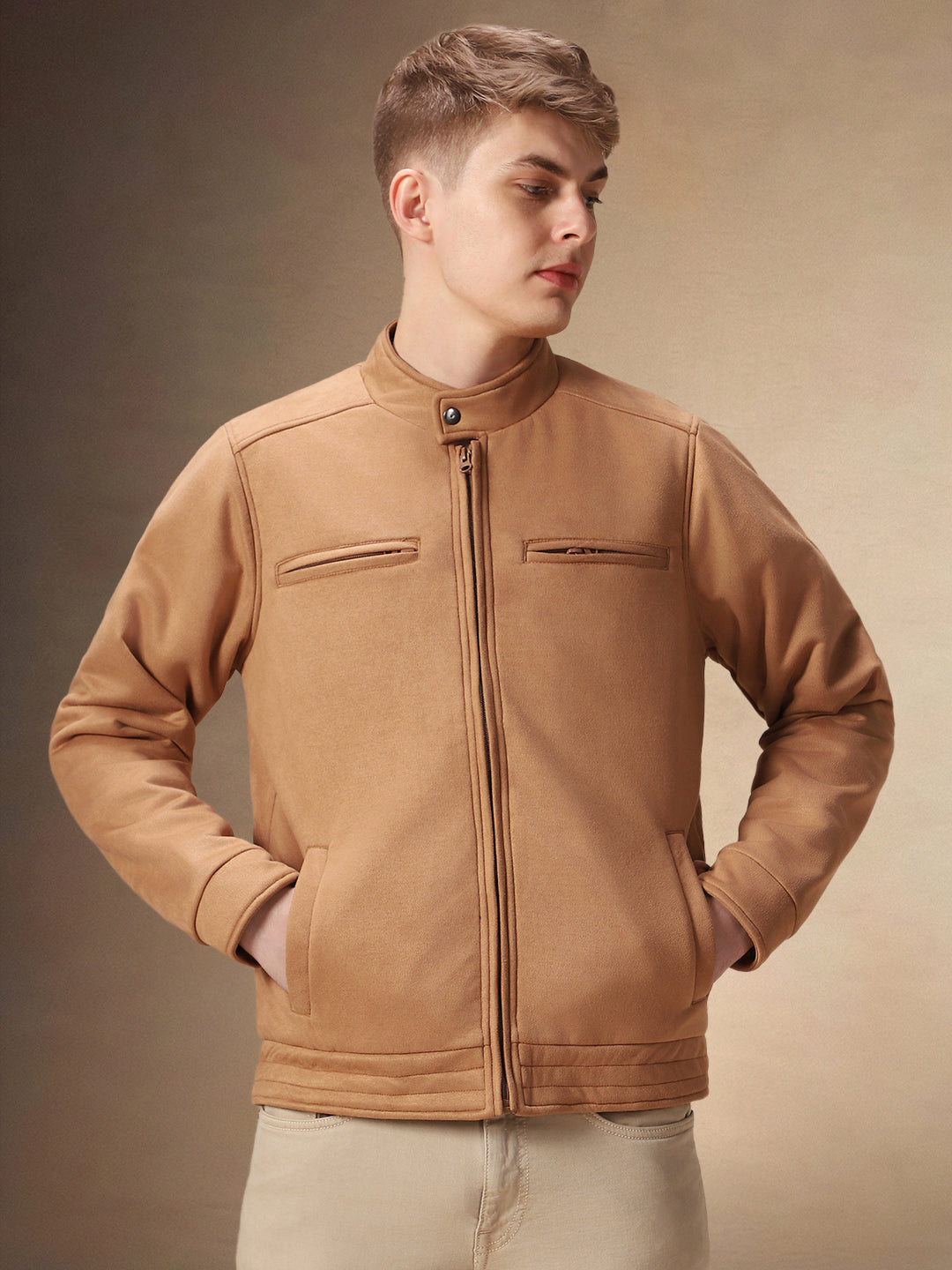 Men's Solid Brown Full Sleeves Mock Neck Jacket