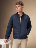 Men's Solid Navy Blue Full Sleeves Mock Neck Jacket