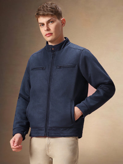 Men's Solid Navy Blue Full Sleeves Mock Neck Jacket