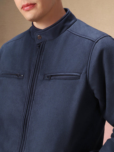 Men's Solid Navy Blue Full Sleeves Mock Neck Jacket