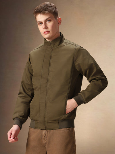 Men's Solid Brown Full Sleeves Mock Neck Jacket