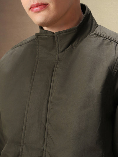 Men's Solid Olive Full Sleeves Mock Neck Jacket