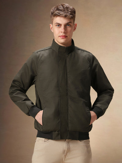 Men's Solid Olive Full Sleeves Mock Neck Jacket