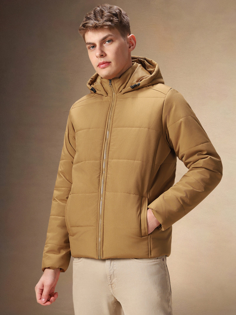 Men's Solid Beige Full Sleeves Hooded Puffer Jakcet