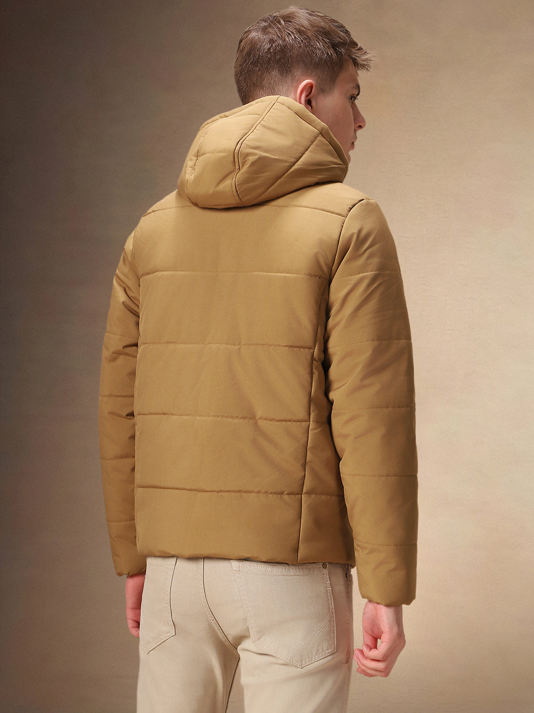 Men's Beige Solid Hooded Full Sleeves Jacket