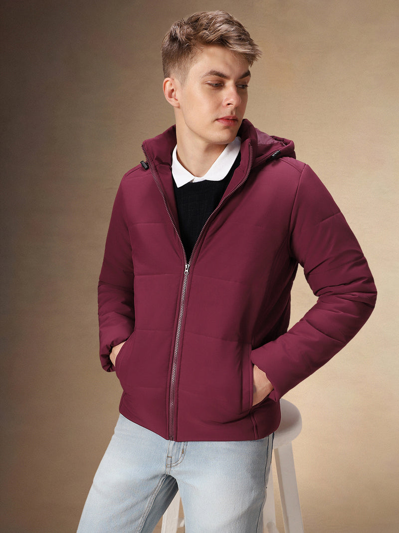 Men's Solid Maroon Full Sleeves Hooded Puffer Jakcet