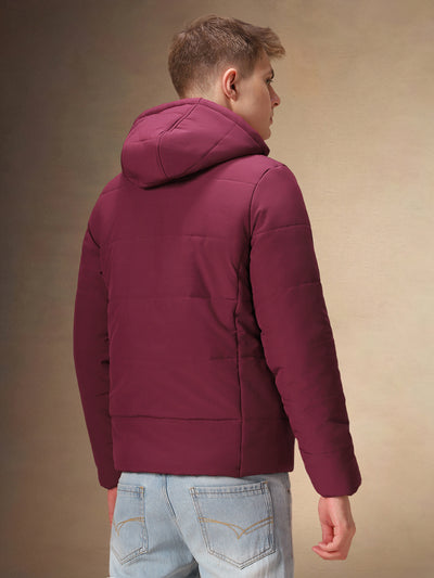 Men's Maroon Solid Hooded Full Sleeves Jacket