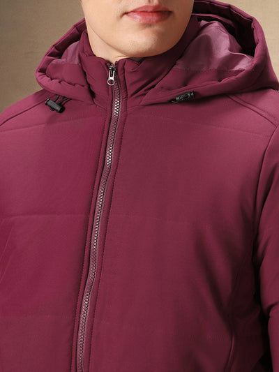 Men's Solid Maroon Full Sleeves Hooded Puffer Jakcet