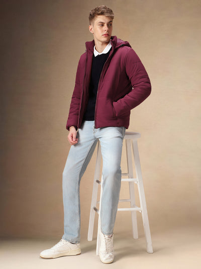 Men's Maroon Solid Hooded Full Sleeves Jacket