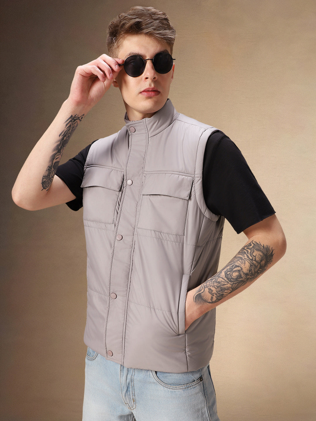 Men's Solid Grey Stand Collar Sleeveless Gilet Jacket