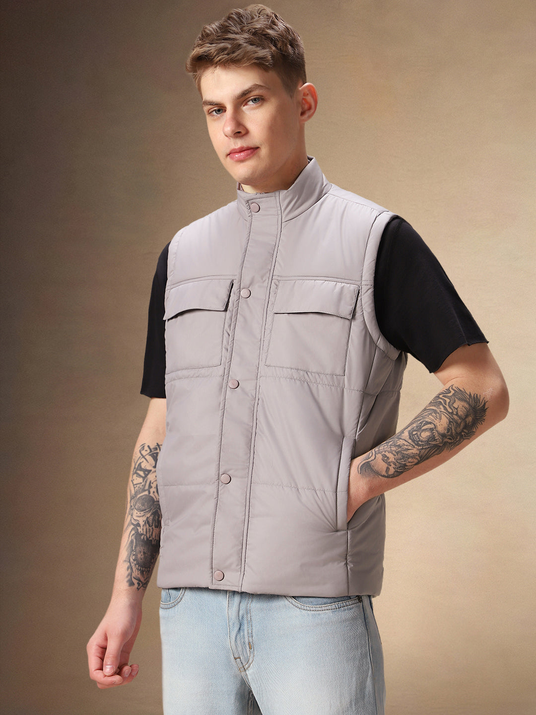 Men's Solid Grey Stand Collar Sleeveless Gilet Jacket