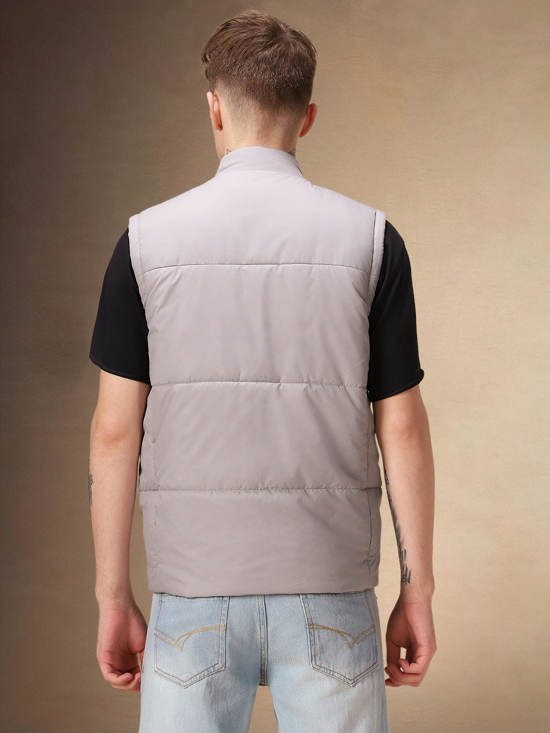 Men's Solid Grey Stand Collar Sleeveless Gilet Jacket