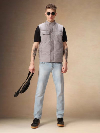 Men's Solid Grey Stand Collar Sleeveless Gilet Jacket