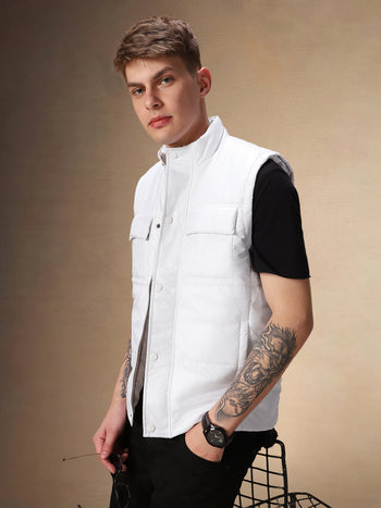 Men's Solid White Stand Collar Sleeveless Gilet Jacket