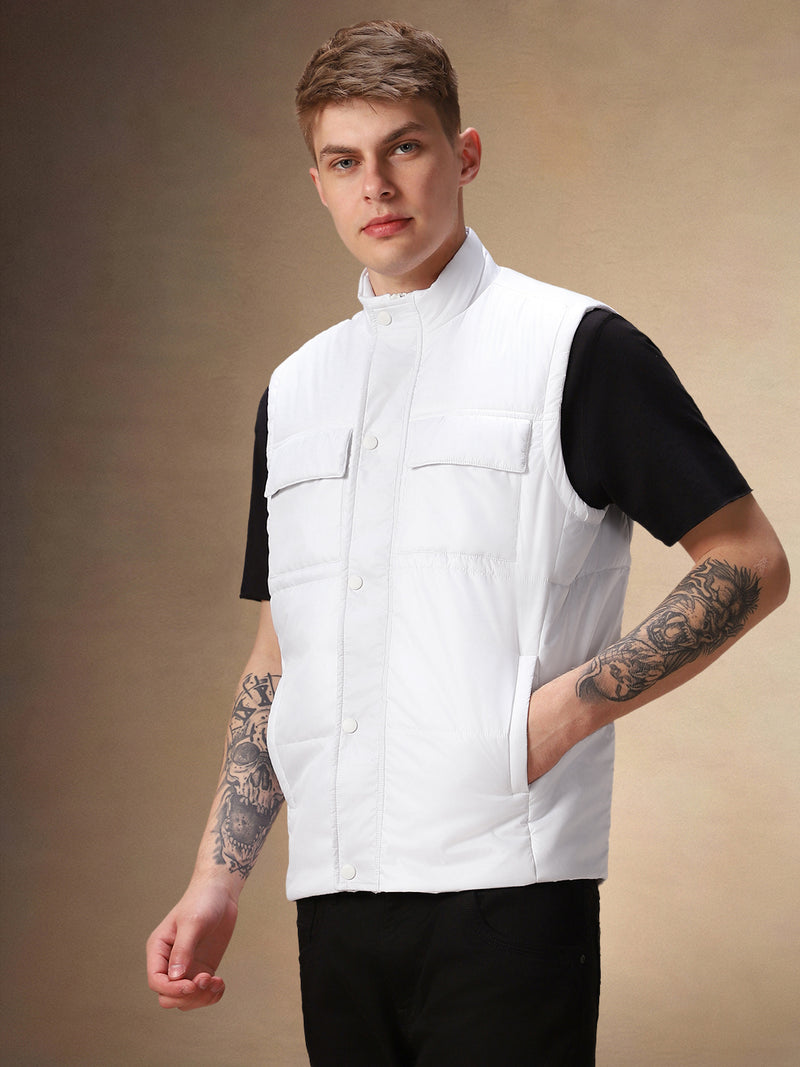 Men's Solid White Stand Collar Sleeveless Gilet Jacket