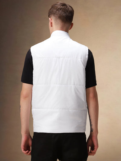 Men's Solid White Stand Collar Sleeveless Gilet Jacket