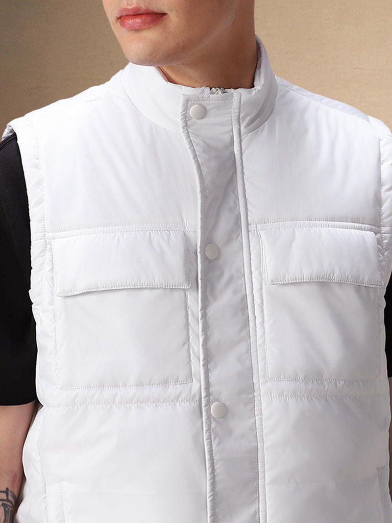 Men's Solid White Stand Collar Sleeveless Gilet Jacket