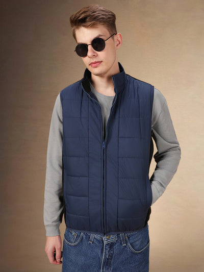 Men's Solid Stand Collar Sleeveless Regular Fit Gilet Jacket